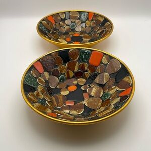 MCM, Retro, Vintage Mosaic Dishes/Bowls, Ceramic Tile, Gold Metal Base